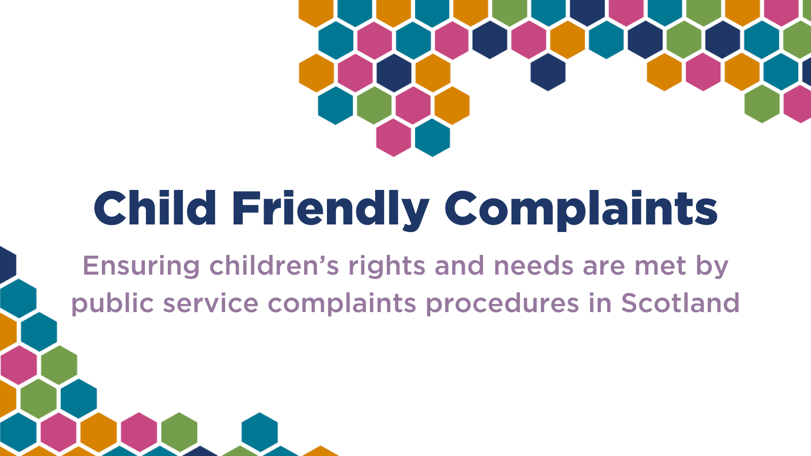 The text "Child friendly complaints, Ensuring children’s rights and needs are met by public service complaints procedures in Scotland" surrounded by a honeycomb pattern